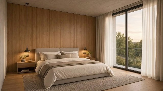 Schlafzimmer mit Holzwand, Bett und bodentiefem Fenster (Einrichtungsvorschlag, Visualisierung)